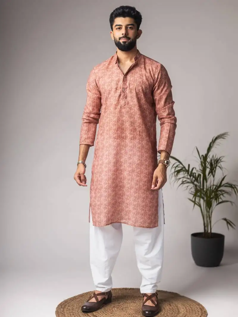 Rust color blended linen fabric designer printed festive wear men's kurta payjama