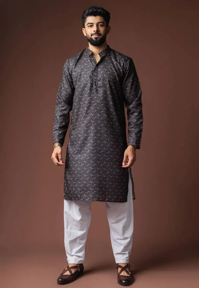 Black color blended linen fabric designer printed festive wear men's kurta payjama