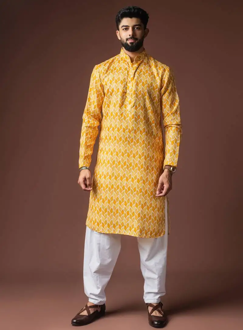 Yellow color blended linen fabric designer printed festive wear men's kurta payjama