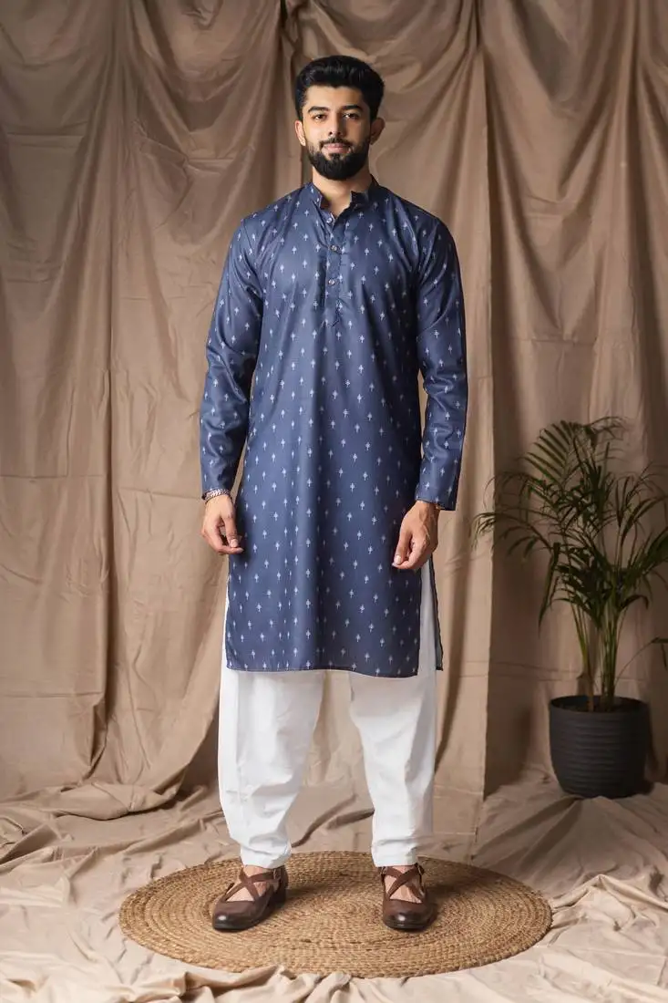 Blue color blended linen designer printed stylish kurta payjama for mens'