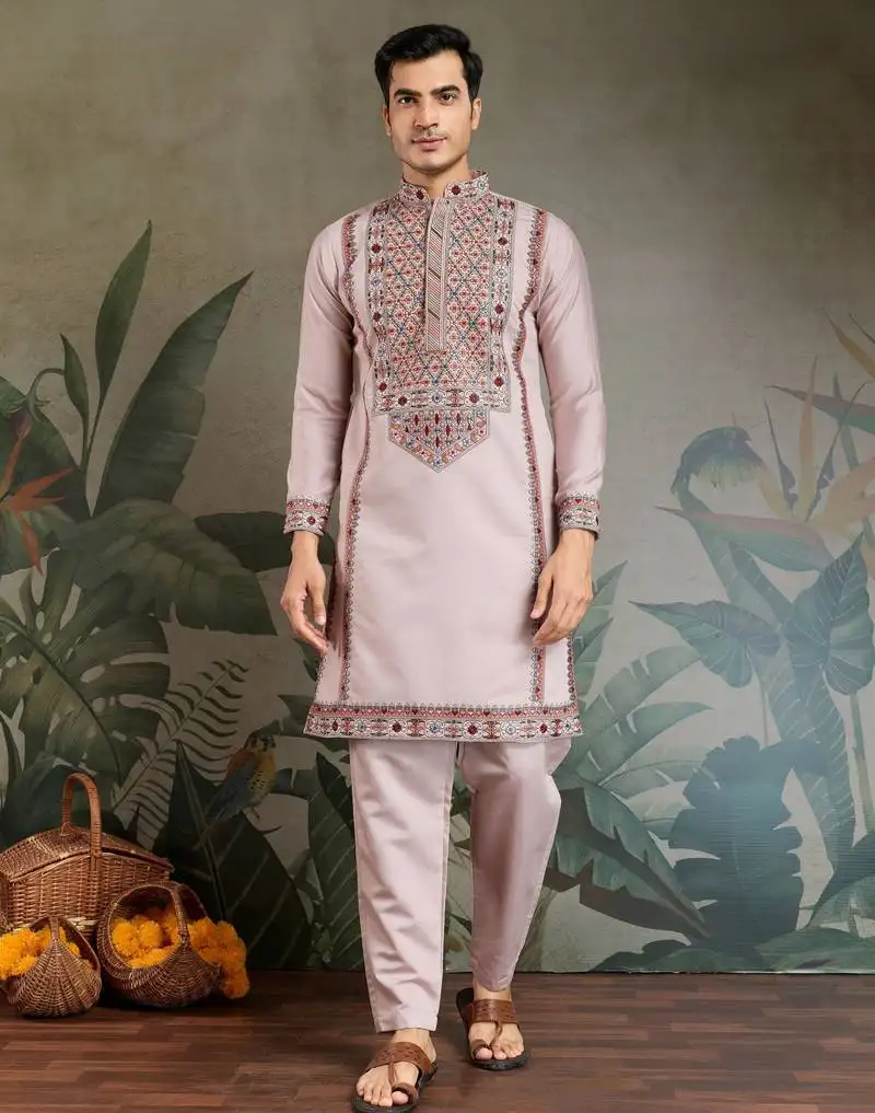 Dusty pink color viscose silk fabric designer embroidered kurta for mens