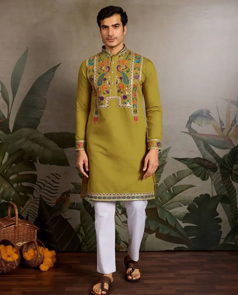 Green color beautiful visccose silk festive special kurta for men's