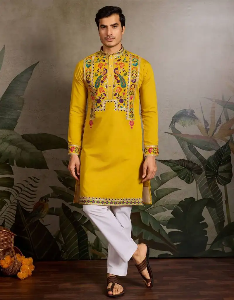 Yellow color beautiful visccose silk festive special kurta for men's