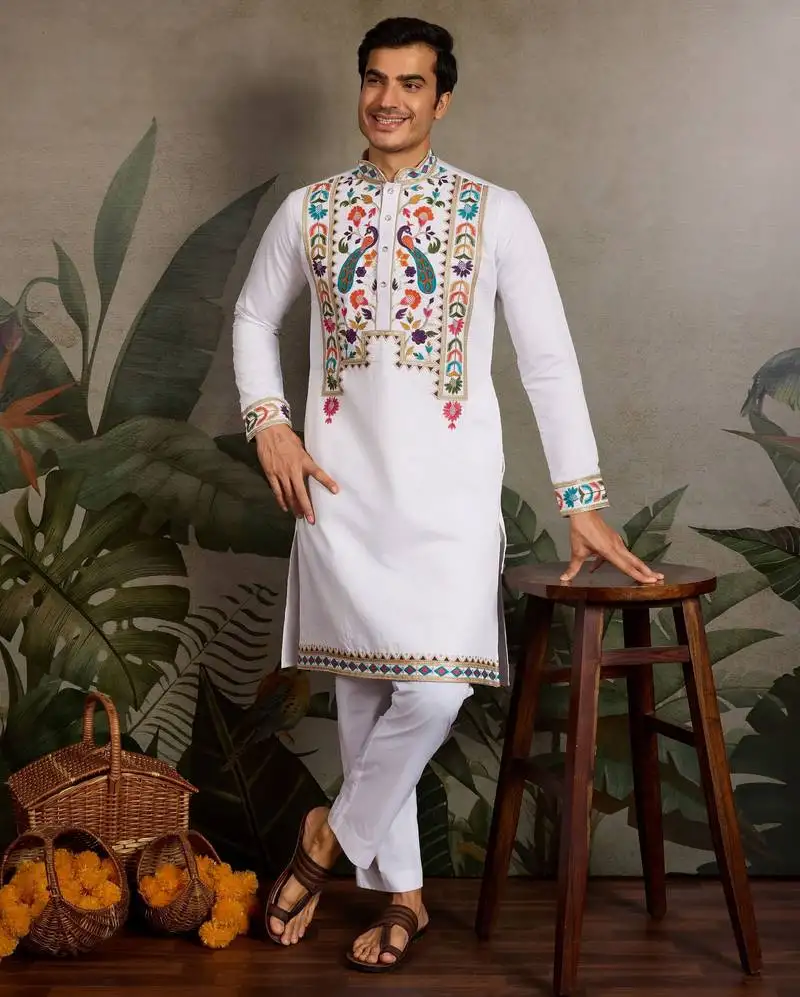 White color beautiful visccose silk festive special kurta for men's