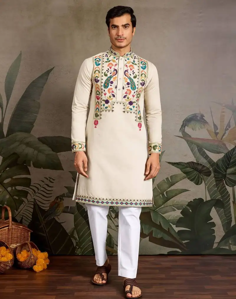 Beige color beautiful visccose silk festive special kurta for men's