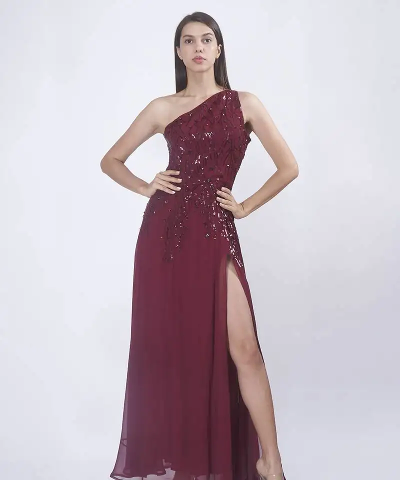 Burgundy georgette embroidered maxi dress