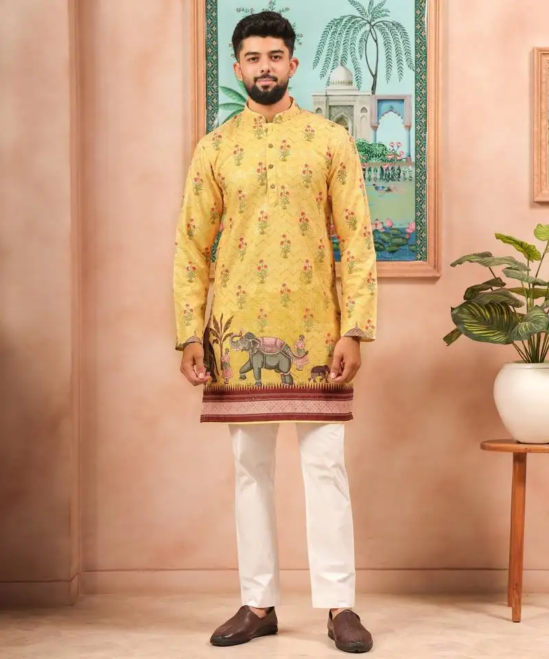 Yellow color beautiful blended cotton fabric ceremonial kurta pjyama