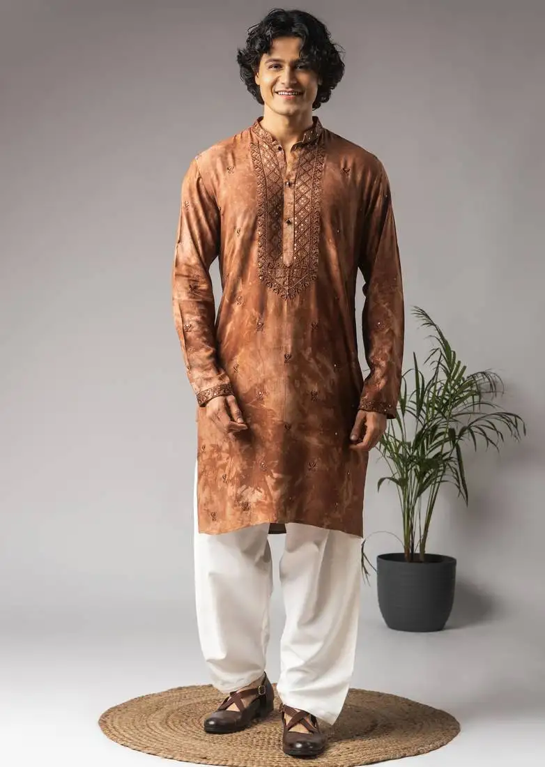 Reddish brown color rayon fabric designer ceremonial kurta payjama for men's