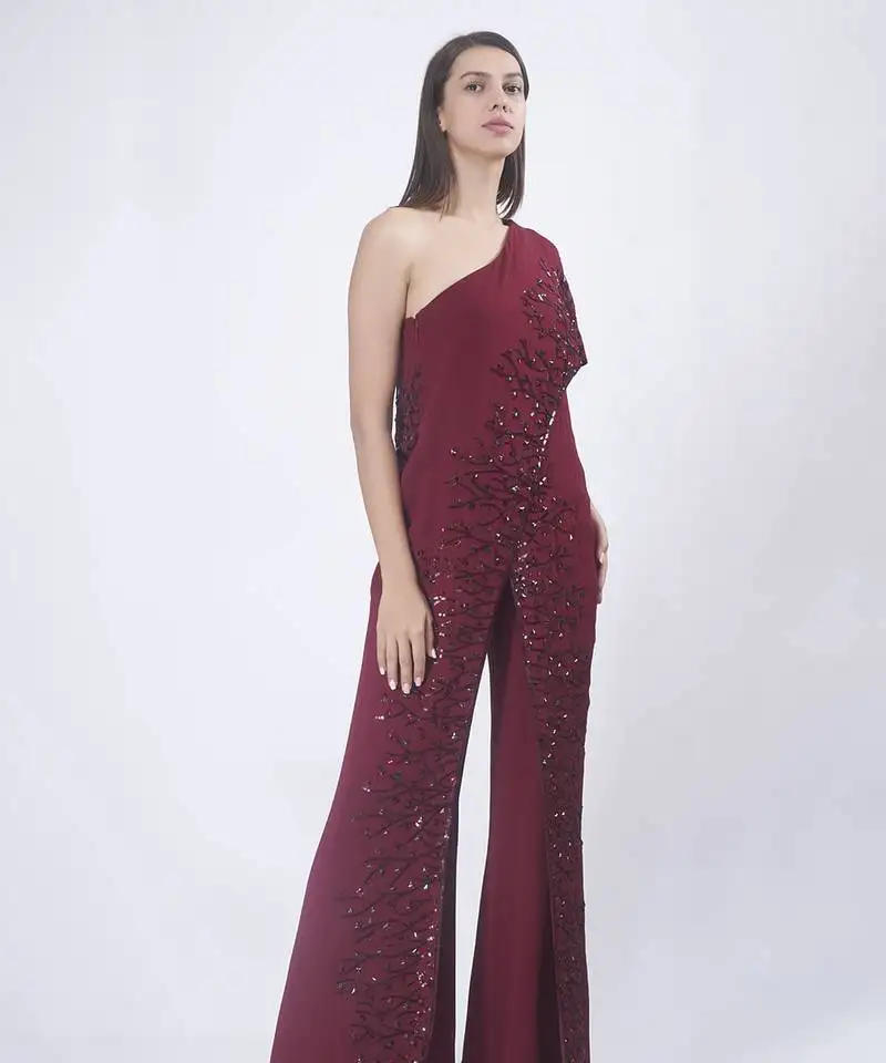 Burgundy georgette embroidered jumpsuit