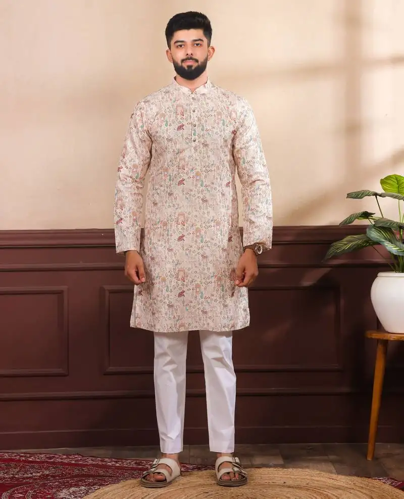 Beige color beautiful art silk fabric smart print designer kurta payjama