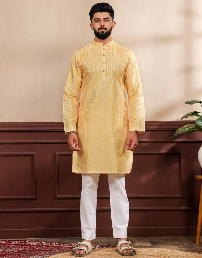 Yellow color beautiful art silk fabric smart print designer kurta payjama