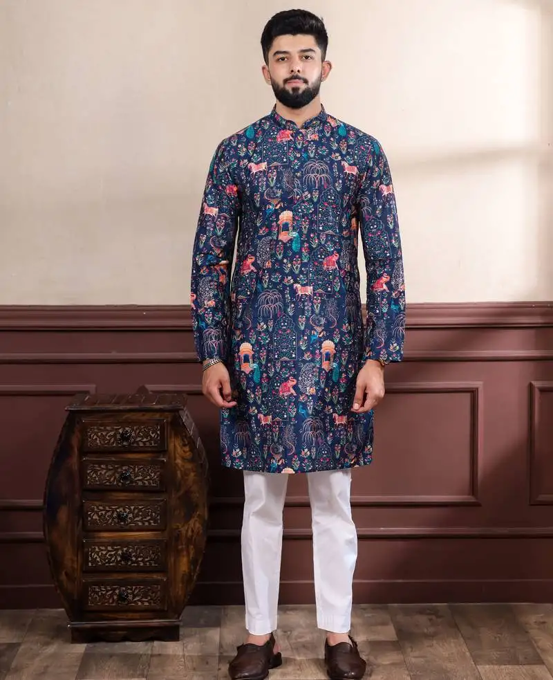 Blue color ethnic woven patta with digital printed ceremonial kurta payjama for men's