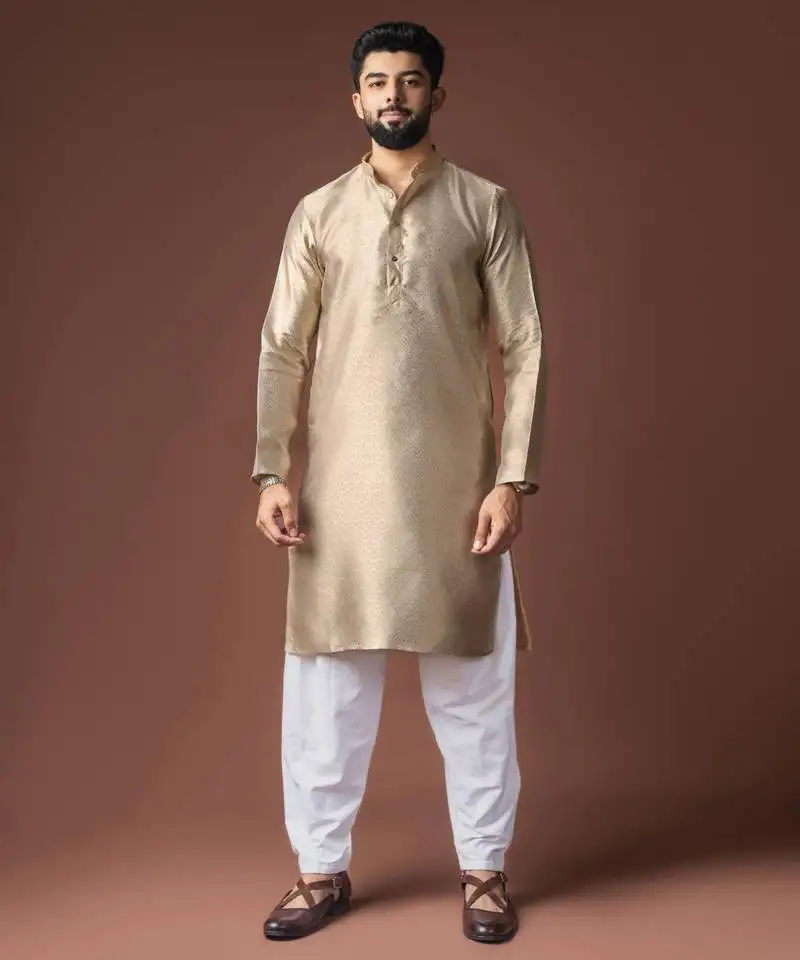 Beige color jacquard designer ethnic men's kurta payjama for festive looks