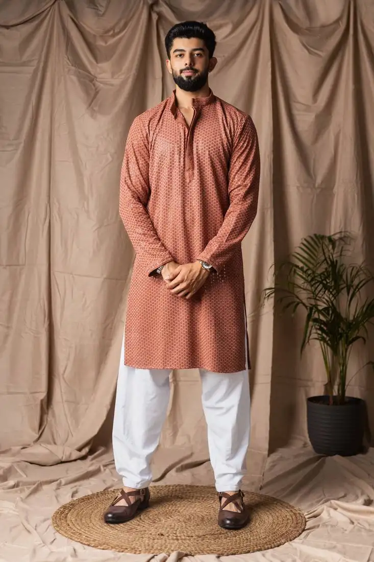 Reddish orange color beautiful thread embroidery work rayon fabric ceremonial men's kurta payjama