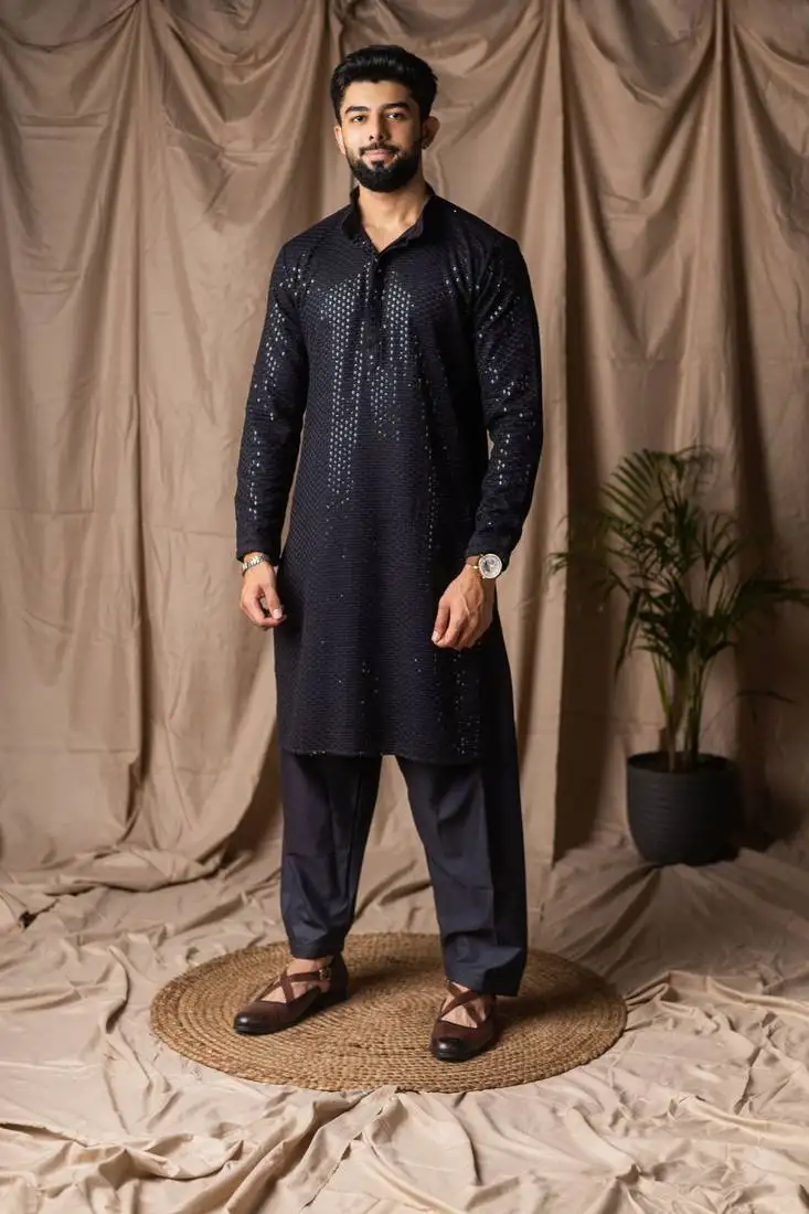 Black color beautiful thread embroidery work rayon fabric ceremonial men's kurta payjama
