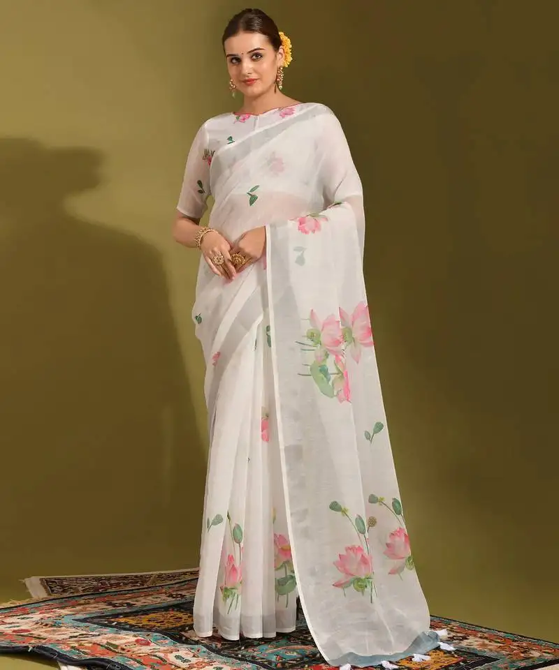 Floral digital print cotton linen saree with tussle pallu