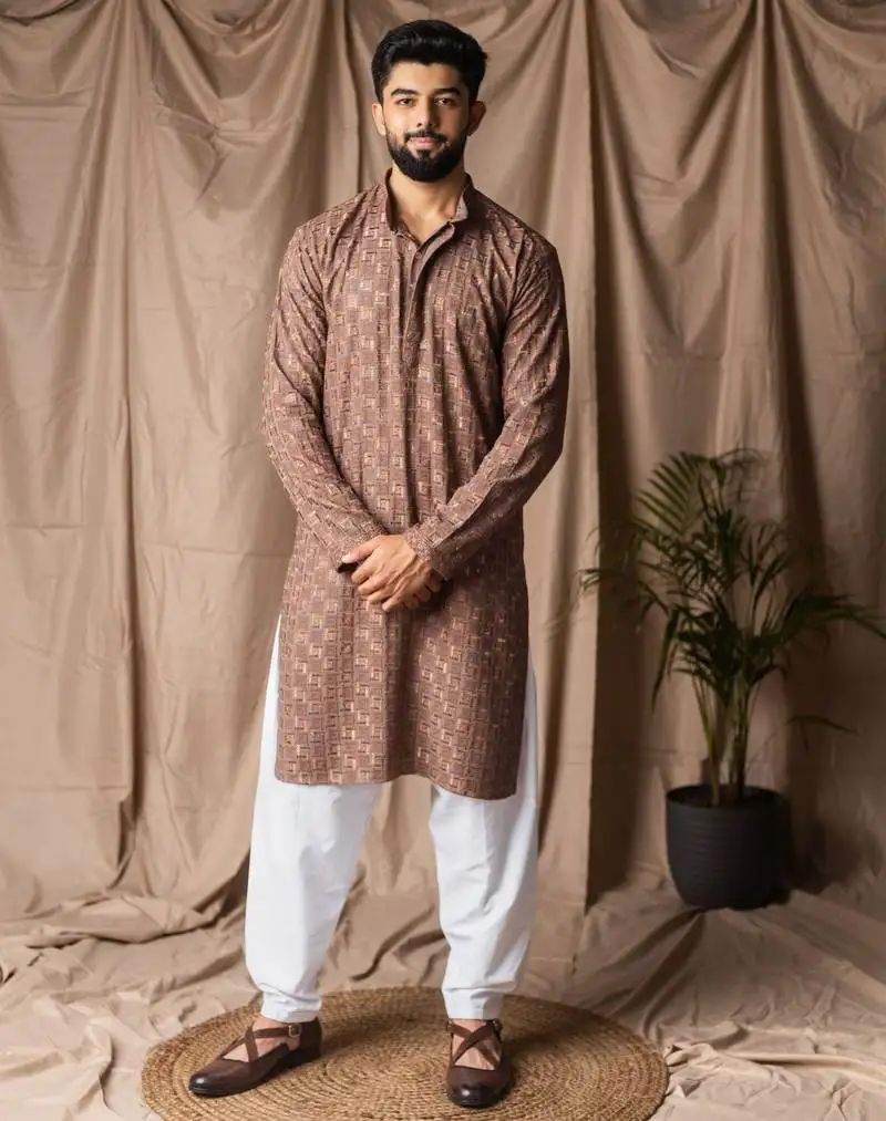 Brown color rayon fabric festive wear ethnic men's embroidered kurta payjama
