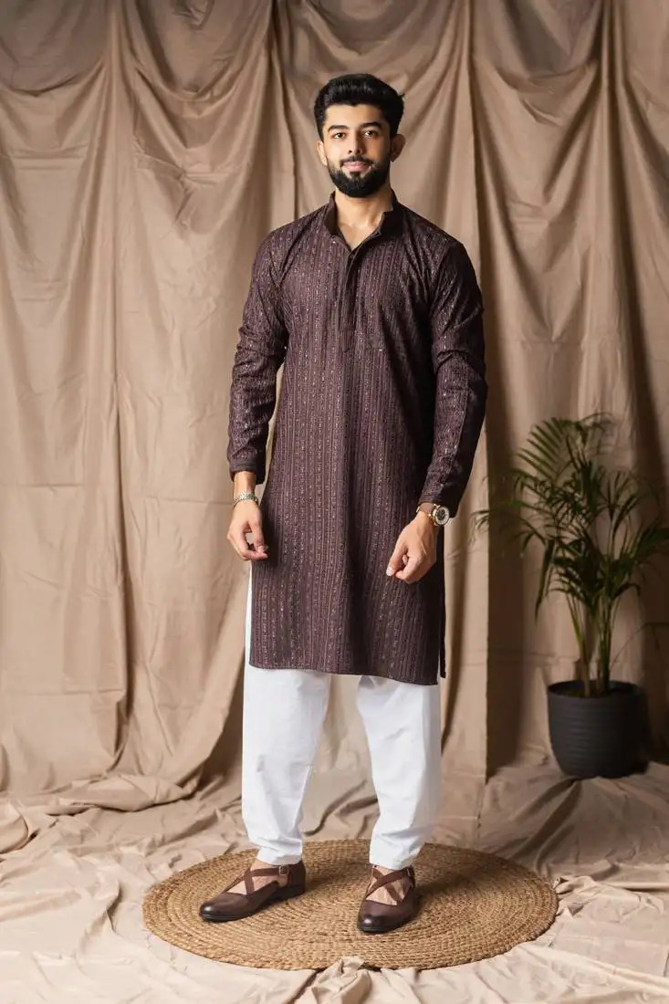Dark brown color rayon fabric festive wear ethnic men's embroidered kurta payjama