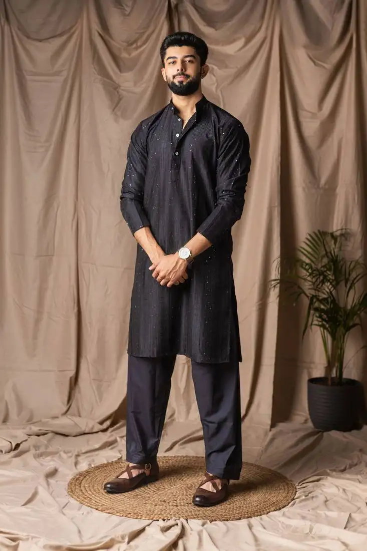 Black color rayon fabric festive wear ethnic men's embroidered kurta payjama