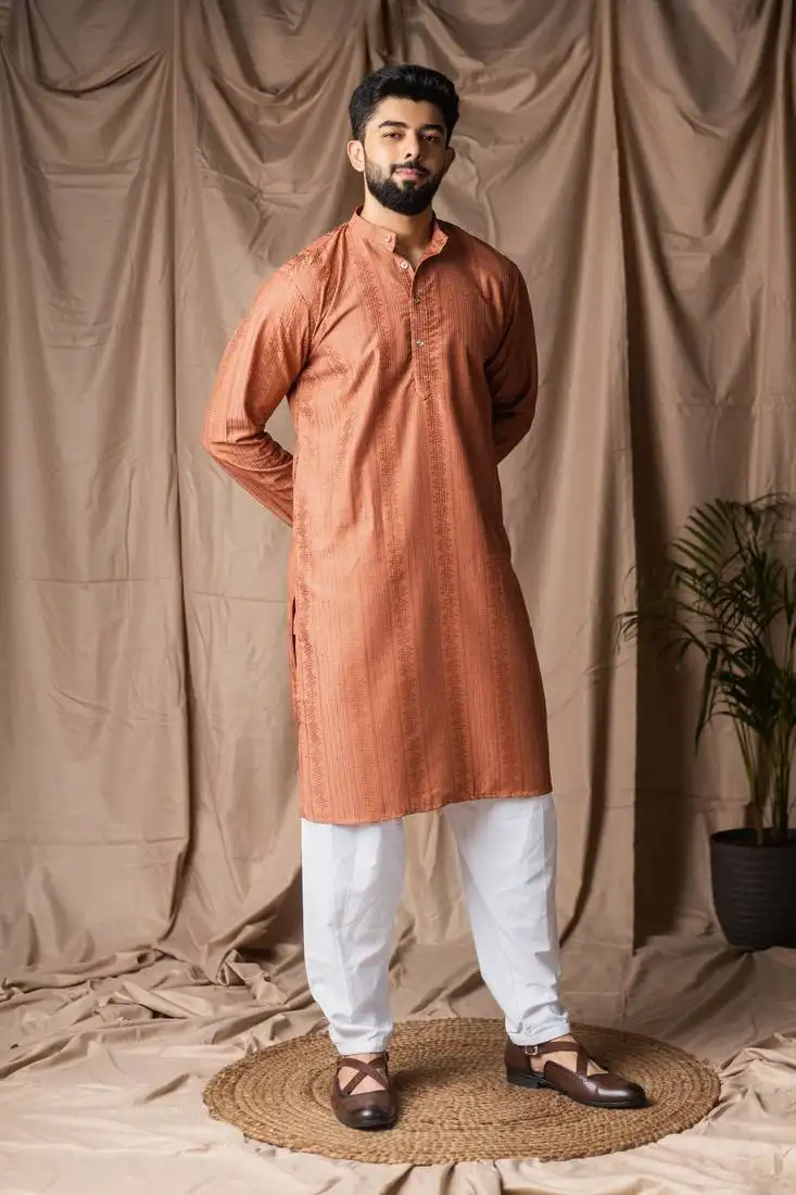 Reddish orange color rayon fabric festive wear ethnic men's embroidered kurta payjama