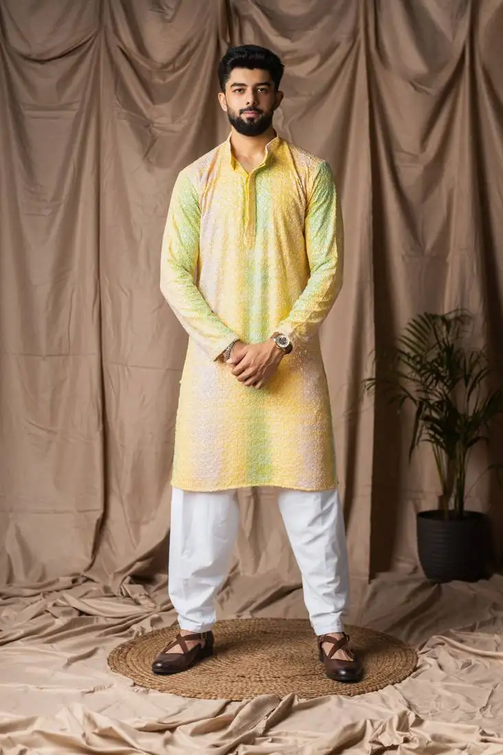 Yellow color rayon fabric festive wear ethnic men's embroidered kurta payjama