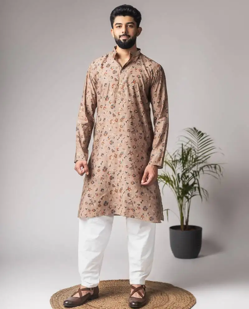 Brown color modal silk fabric designer printed festive wear men's kurta payjama