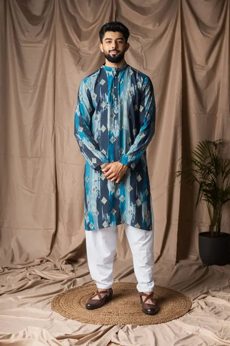 Blue color modal silk fabric designer printed festive wear men's kurta payjama