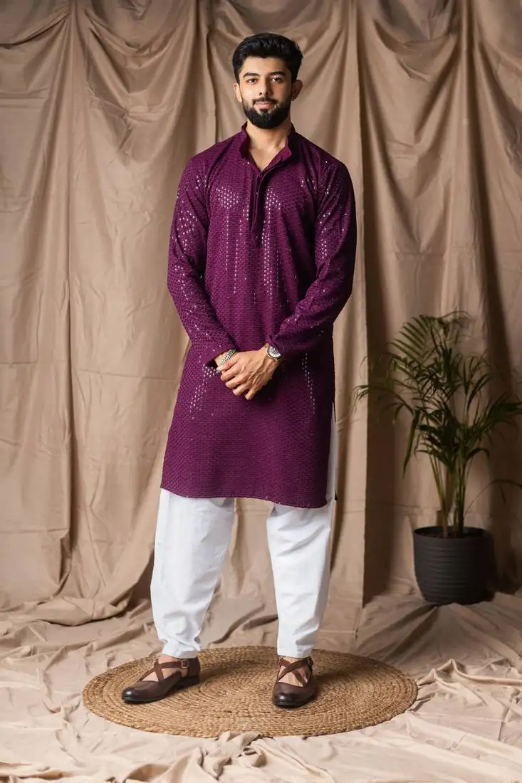 Wine color beautiful thread embroidery work rayon fabric ceremonial men's kurta payjama
