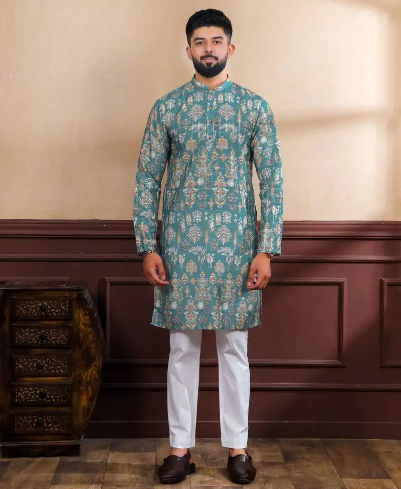 Teal color ethnic woven patta with digital printed ceremonial kurta payjama for men's