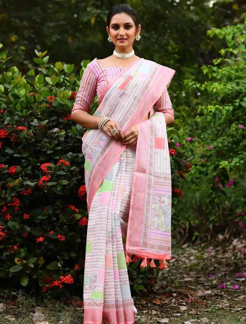 Pink kantha work digital print zari cotton linen saree