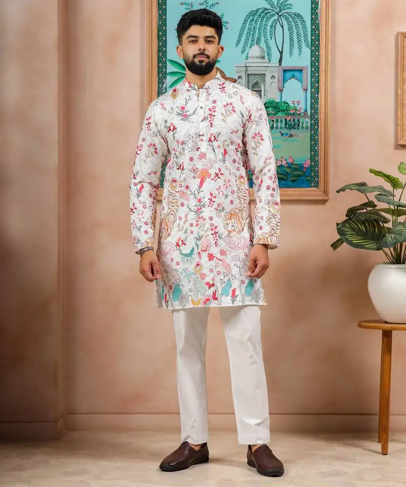 Cream color beautiful blended cotton fabric ceremonial kurta pjyama