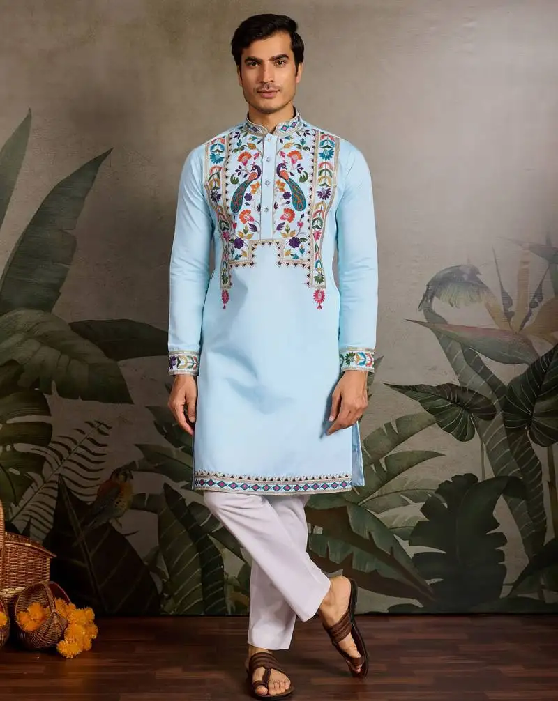 Sky blue color beautiful visccose silk festive special kurta for men's