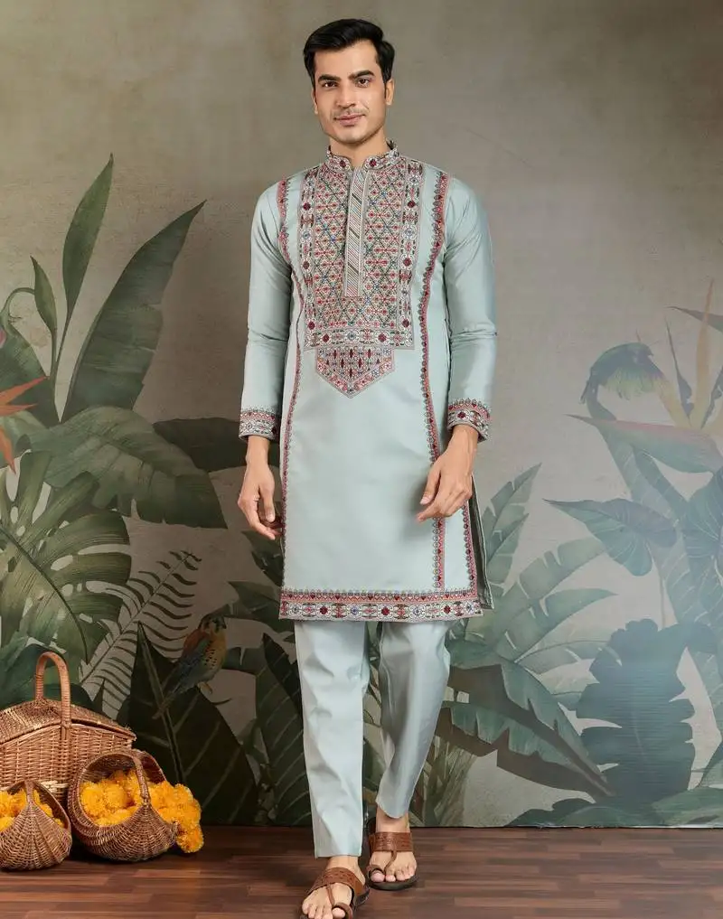 Sky blue color viscose silk fabric designer embroidered kurta for mens