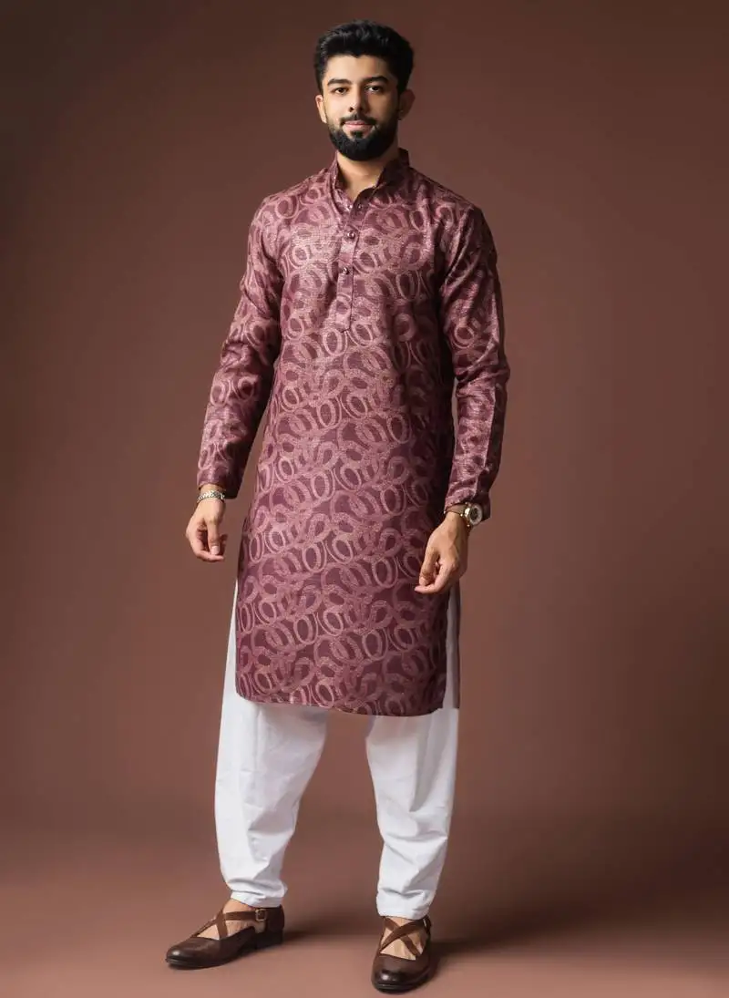 Wine color blended linen designer printed stylish kurta payjama for mens'