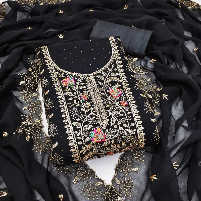 Black georgette suit set with embroidery unstitched