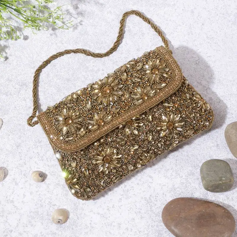 Osty diyaara – premium hand zari embroidered bridal clutch with dual carrying options-gold