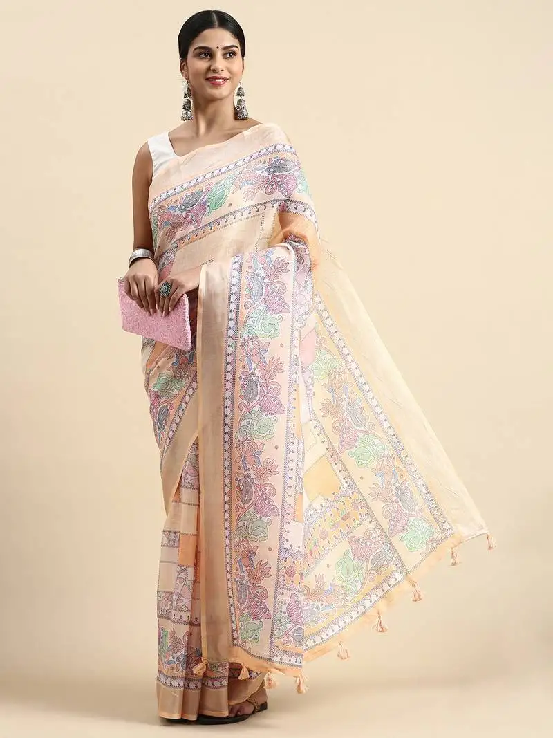 Peach kantha work digital print zari cotton linen saree