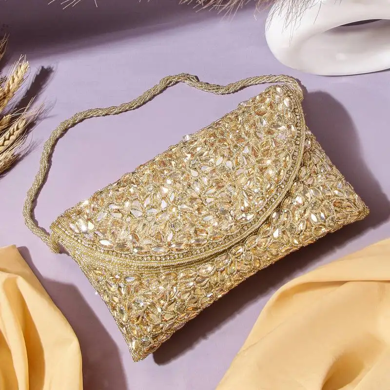 Osty roshni – premium hand zari embroidered bridal clutch with dual handle options-gold