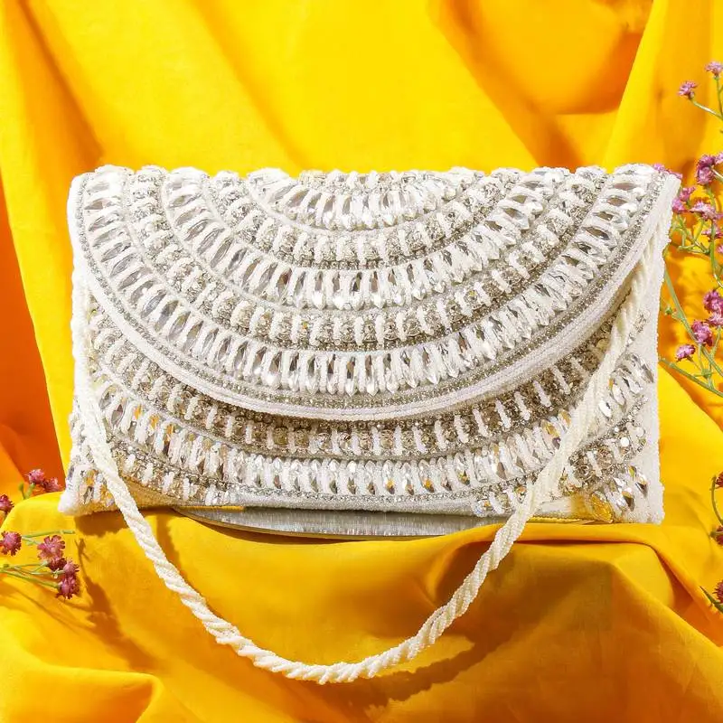 Osty ruhani – luxury hand-zari embroidered bridal clutch with dual carrying options-white