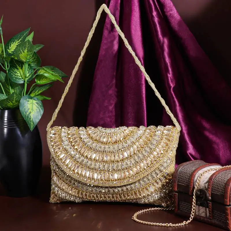 Osty ruhani – luxury hand-zari embroidered bridal clutch with dual carrying options-gold