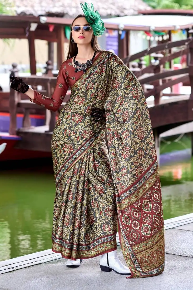Maroon ajarakh print assami silk saree with unstitched blouse