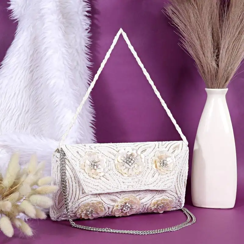 Osty fleurina – handcrafted 3d floral pearl clutch in white with dual carry option for wedding & festive occasions-white