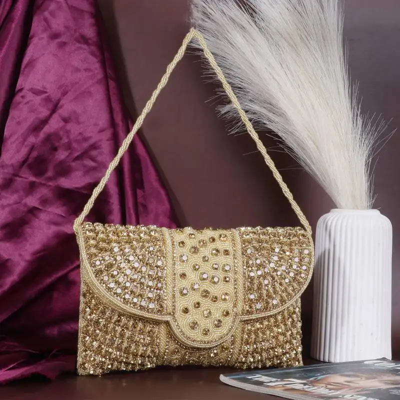 Osty nysa luxury handcrafted zari clutch bag with dual strap for wedding & parties-gold