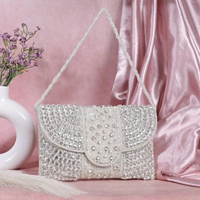 Osty nysa luxury handcrafted zari clutch bag with dual strap for wedding & parties-silver