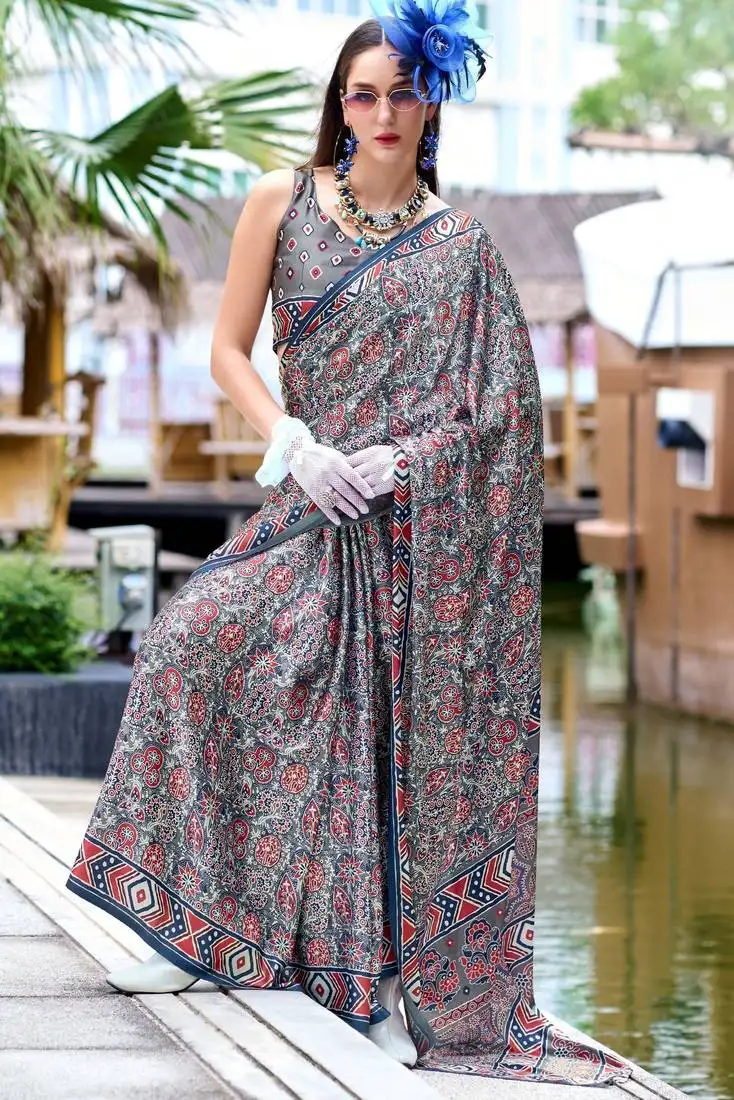 Grey ajarakh print assami silk saree with unstitched blouse