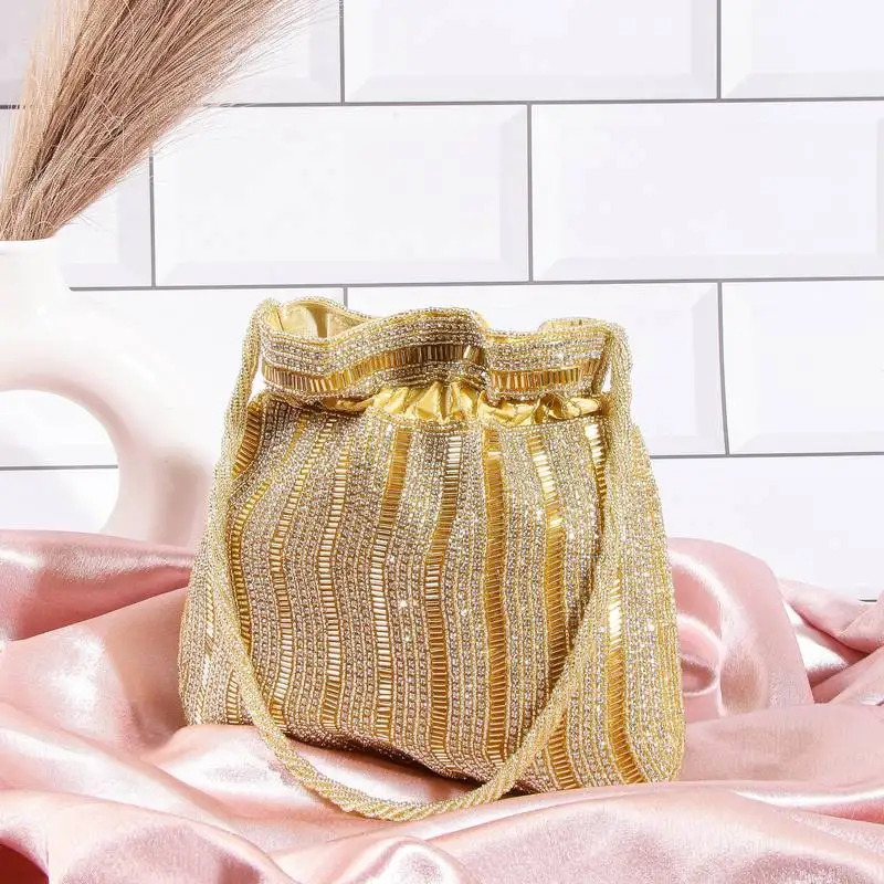 Luxury handcrafted bridal potli bag for women - golden glam embellished zari beaded purse-gold