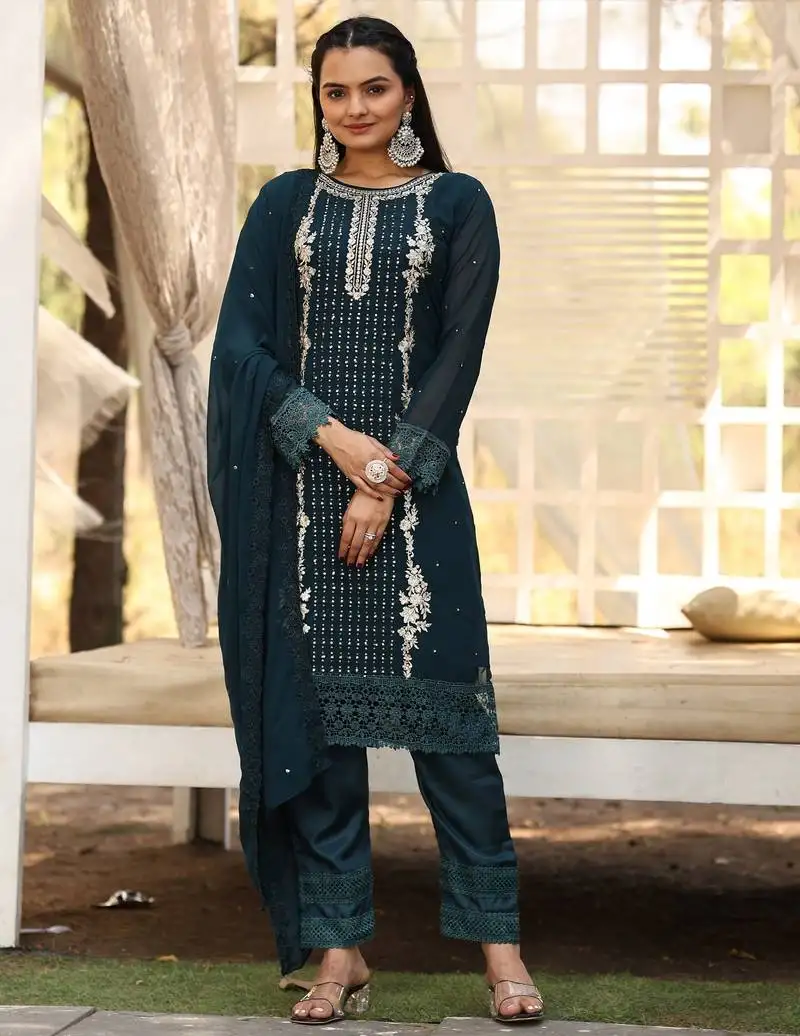 Teal color georgette fabric beautiful embroidered free size stitched suit