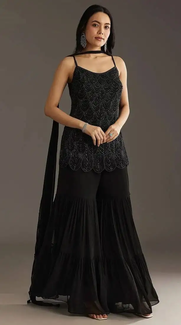 Black color beautiful bollywood style georgette fabric graceful palazzo dress semi stitched