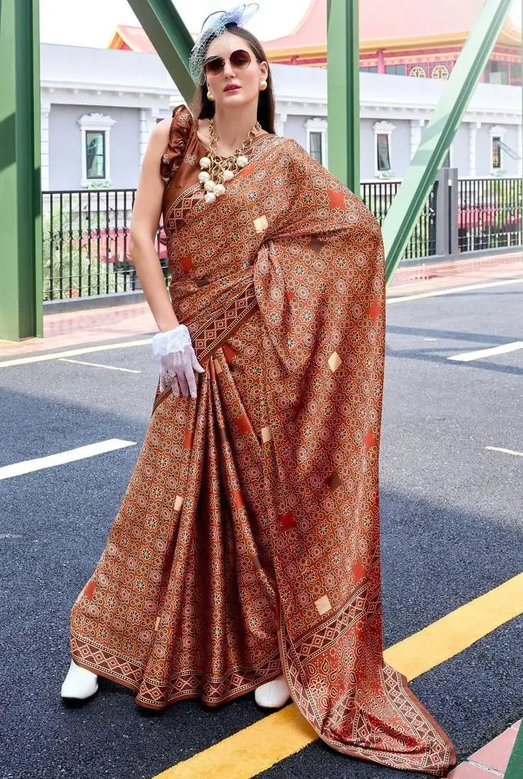 Red ajarakh print assami silk saree with unstitched blouse