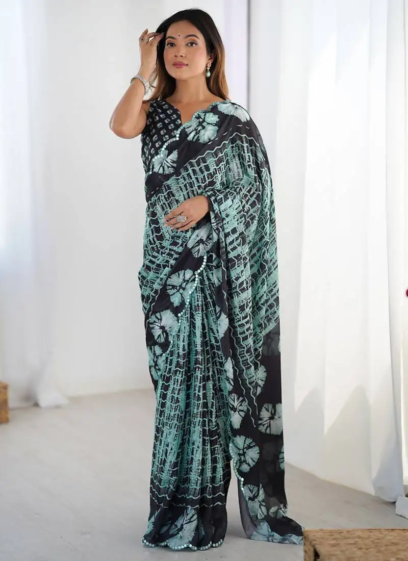 Multi color chinon printed party wear saree